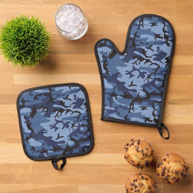 Navy Blue Camouflage, Military, Army Oven Mitt & Pot Holder Set (Top Down)