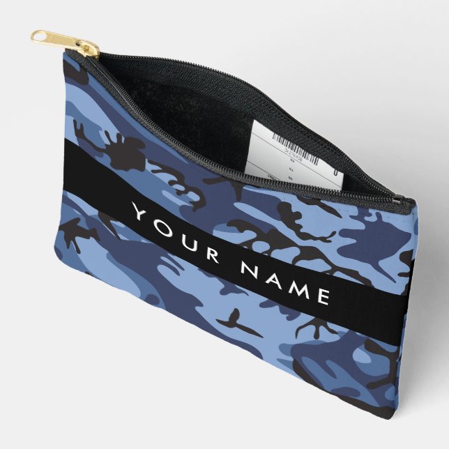 Navy Blue Camouflage Your name Personalize Accessory Pouch (Open)