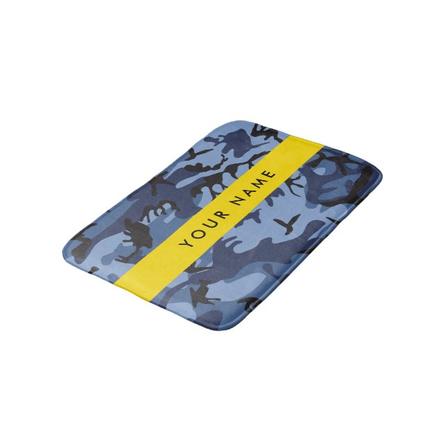 Navy Blue Camouflage Your name Personalize Bath Mat (Angled)