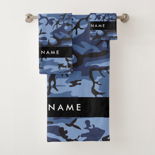 Navy Blue Camouflage Your name Personalize Bath Towel Set (Insitu)