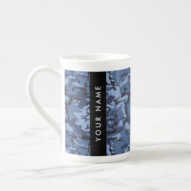 Navy Blue Camouflage Your name Personalize Bone China Mug (Left)