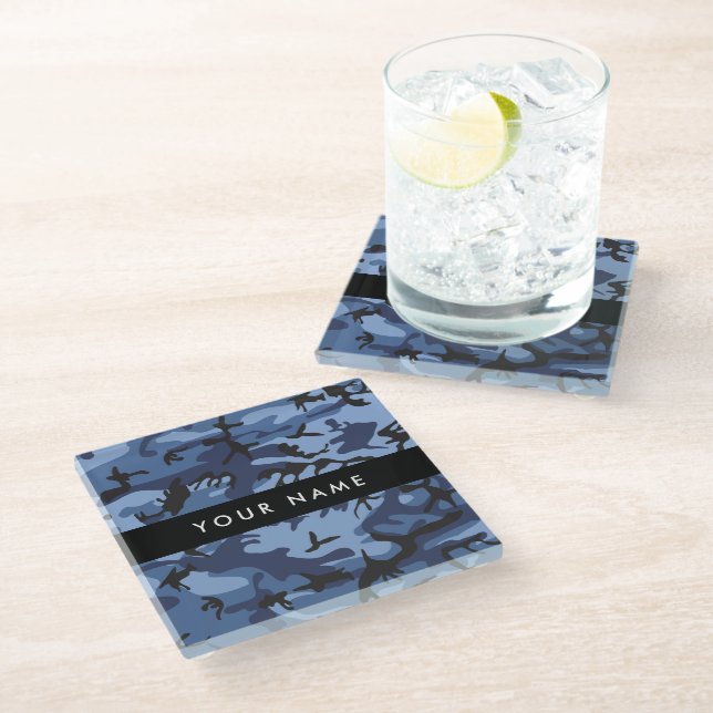 Navy Blue Camouflage Your name Personalize Glass Coaster (Angled)