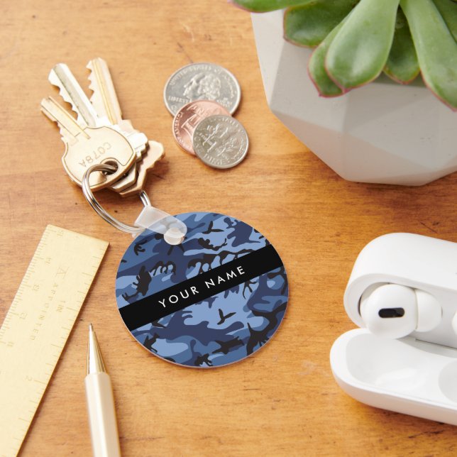 Navy Blue Camouflage Your name Personalize Keychain (Desk)