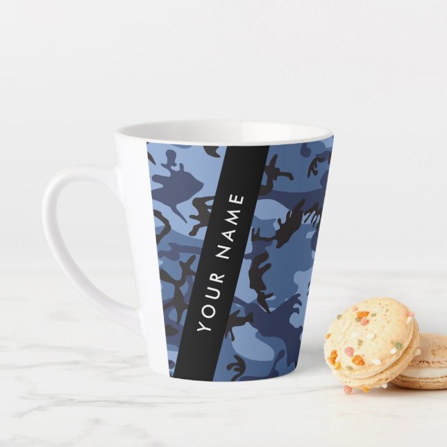 Navy Blue Camouflage Your name Personalize Latte Mug (In Situ)