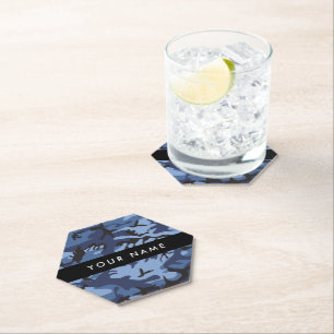 Navy Blue Camouflage Your name Personalize Paper Coaster