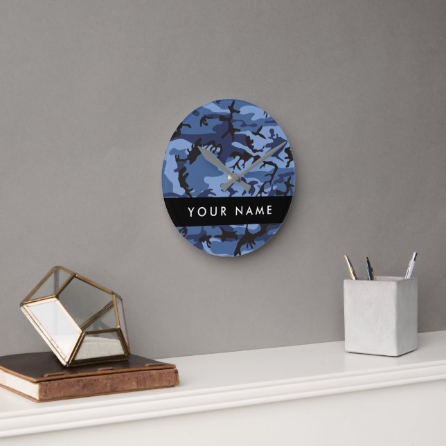 Navy Blue Camouflage Your name Personalize Round Clock (Office)