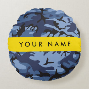 Navy Blue Camouflage Your name Personalize Round Pillow