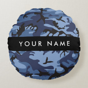Navy Blue Camouflage Your name Personalize Round Pillow