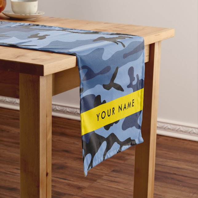 Navy Blue Camouflage Your name Personalize Short Table Runner (In Situ)