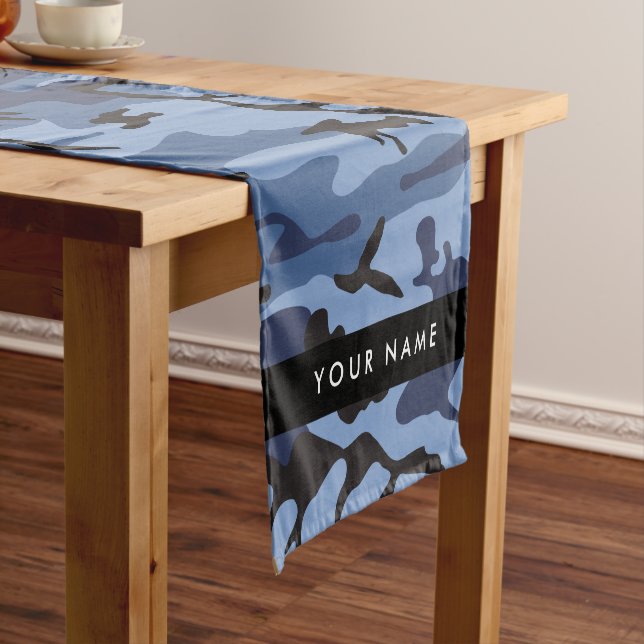 Navy Blue Camouflage Your name Personalize Short Table Runner (In Situ)
