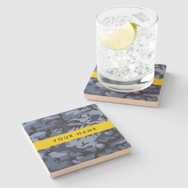 Navy Blue Camouflage Your name Personalize Stone Coaster (Side)