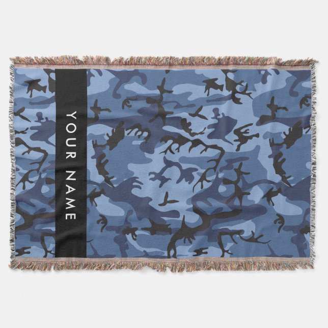 Navy Blue Camouflage Your name Personalize Throw Blanket (Front)