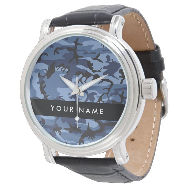 Navy Blue Camouflage Your name Personalize Watch (Angled)