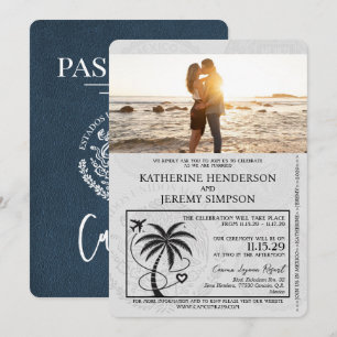 Navy Blue Cancun Passport Wedding Invitation