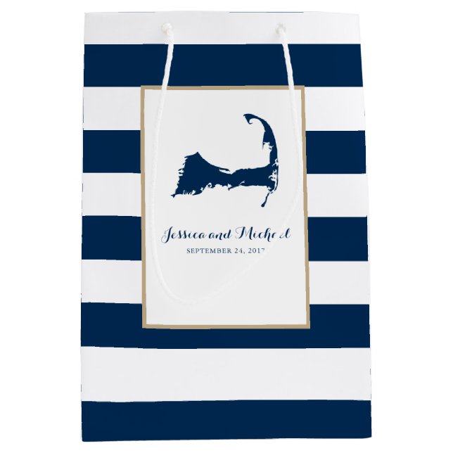 Navy Blue Cape Cod Map and Stripes Medium Gift Bag (Front)