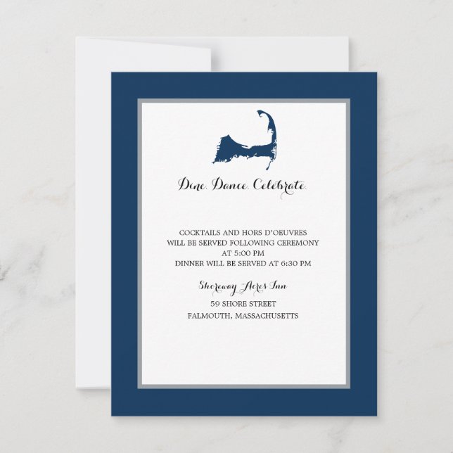 Navy Blue Cape Cod Map | Reception Invitation (Front)