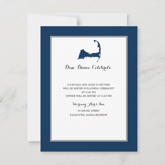 Navy Blue Cape Cod Map | Reception Invitation (Front)