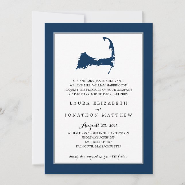 Navy Blue Cape Cod Map | Wedding Invitation (Front)