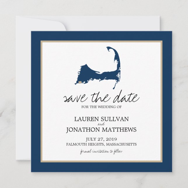 Navy Blue Cape Cod Map Wedding Save the Date (Front)