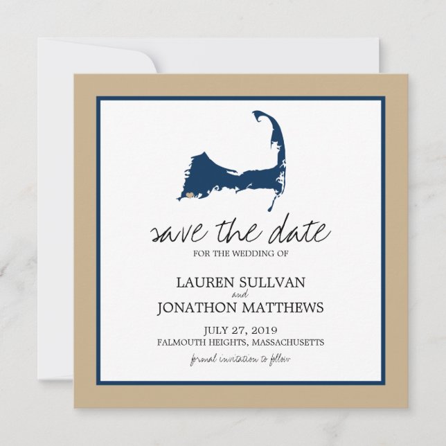 Navy Blue Cape Cod Map Wedding Save the Date (Front)