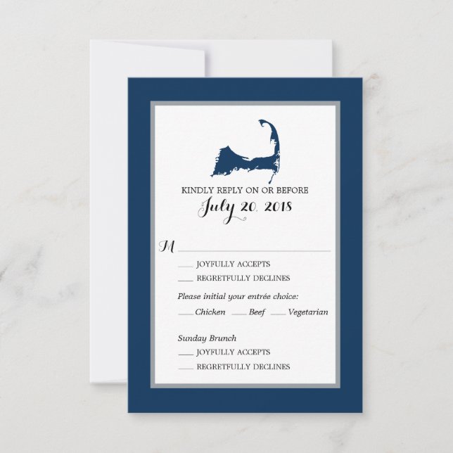 Navy Blue Cape Cod with heart | Wedding RSVP menu (Front)
