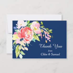 Navy Blue Cattails and Floral Wedding Thank You Card