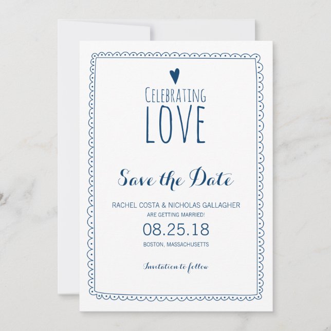 Navy Blue Celebrating Love Wedding Save the Date (Front)