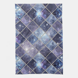 Navy Blue Celestial Diamond Lattice Star Kitchen Towel
