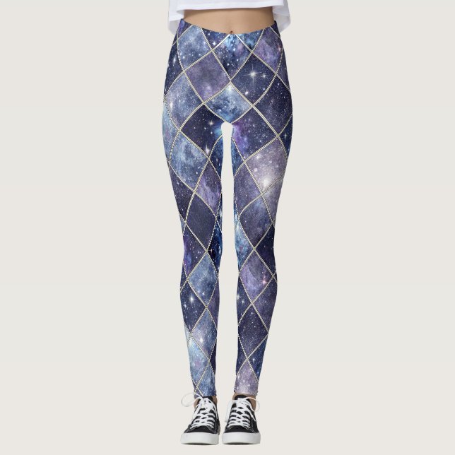 Navy Blue Celestial Diamond Lattice Star Leggings (Front)