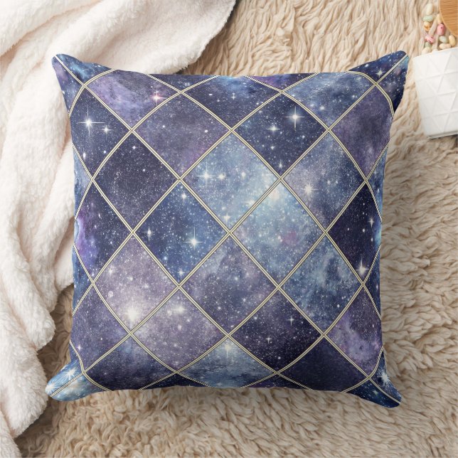Navy Blue Celestial Diamond Lattice Star Throw Pillow (Blanket)