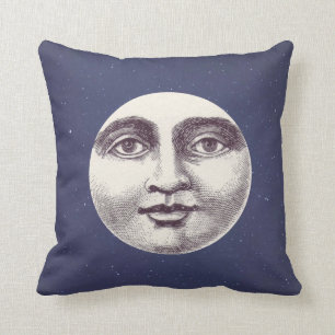 Navy Blue Celestial Vintage Man in the Moon Face Throw Pillow
