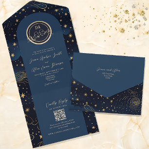 Navy Blue Celestial Wedding All In One Invitation