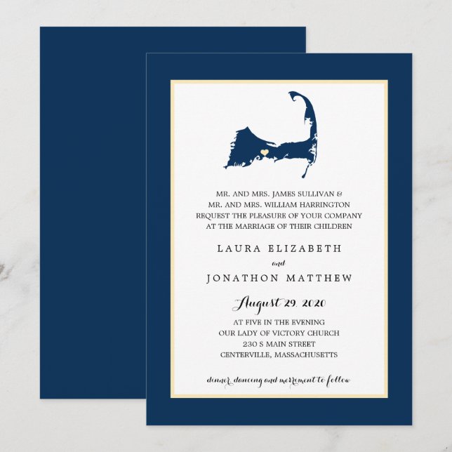 Navy Blue Centerville Cape Cod Map Wedding Invitation (Front/Back)