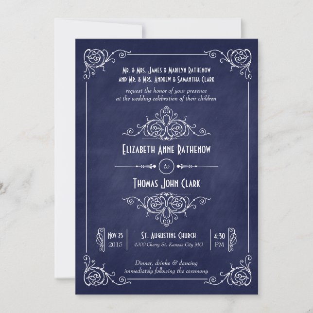 Navy Blue Chalkboard Art Déco Mariage Invitations (Devant)
