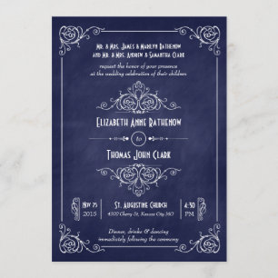 Navy Blue Chalkboard Art Déco Mariage Invitations