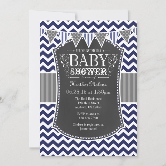 Navy Blue Chalkboard Chevron Baby Shower Invite (Front)