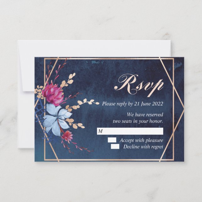 Navy Blue Chalkboard Floral RSVP Response Card (Front)
