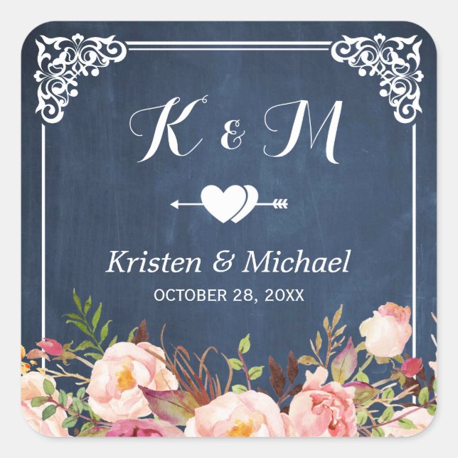 Navy Blue Chalkboard Floral Wedding Favour Square Sticker (Front)