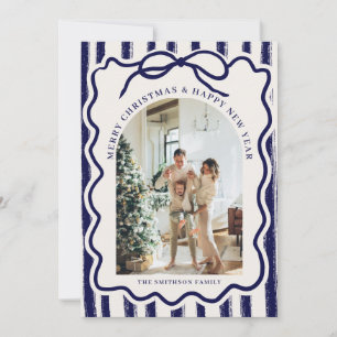 Navy Blue & Champagne Elegant Bow Photo Christmas Holiday Card