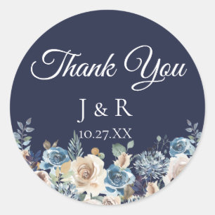 Navy Blue Champagne Floral Personalized Favour Classic Round Sticker