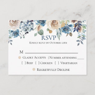 Navy Blue Champagne Floral Wedding RSVP Card