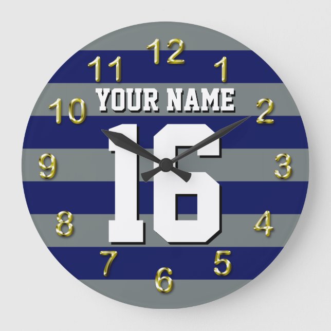 Navy Blue Charcoal Team Jersey Preppy Stripe Large Clock (Front)