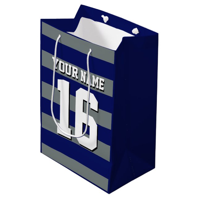 Navy Blue Charcoal Team Jersey Preppy Stripe Medium Gift Bag (Front Angled)