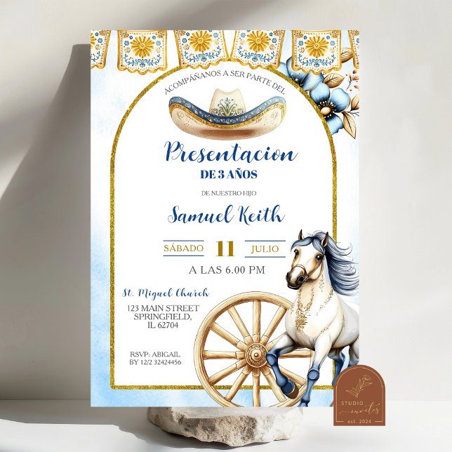 Navy Blue  Charro Presentacion de 3 anos Invitatio Invitation (Creator Uploaded)