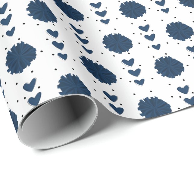 Navy Blue Cheerleader Pom Poms & Hearts Pattern Wrapping Paper (Roll Corner)