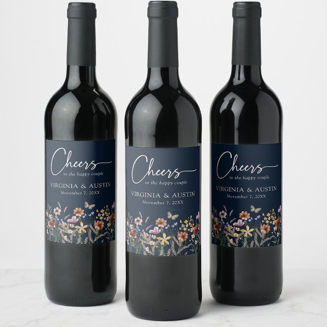 Navy Blue Cheers Floral Wedding Wine Label (Navy Blue Cheers Floral Wedding Wine Label with Butterfly by Painted Paperie
)