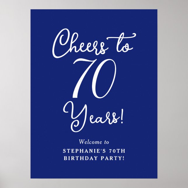 Navy Blue Cheers to 70 Years Birthday Welcome Sign (Front)