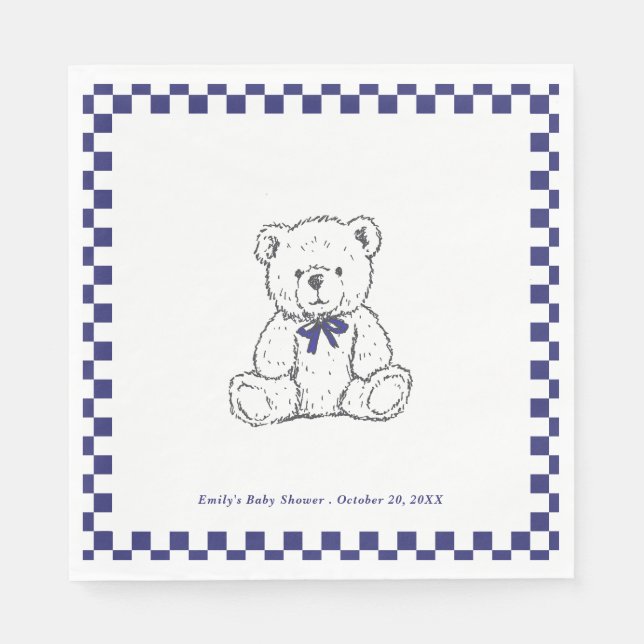 Navy Blue chequered Teddy Bear-Our Little Cub Napkin (Front)