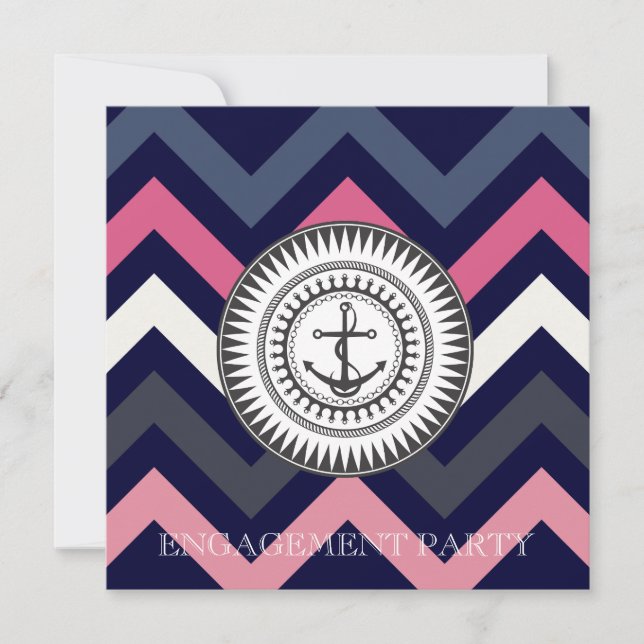 Navy Blue Chevron Anchor Nautical Invitation (Front)
