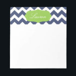 Navy blue chevron and green. Monogram Notepad<br><div class="desc">Navy blue and white chevron with green label. Monogram with your initials or personalize it with your name!</div>